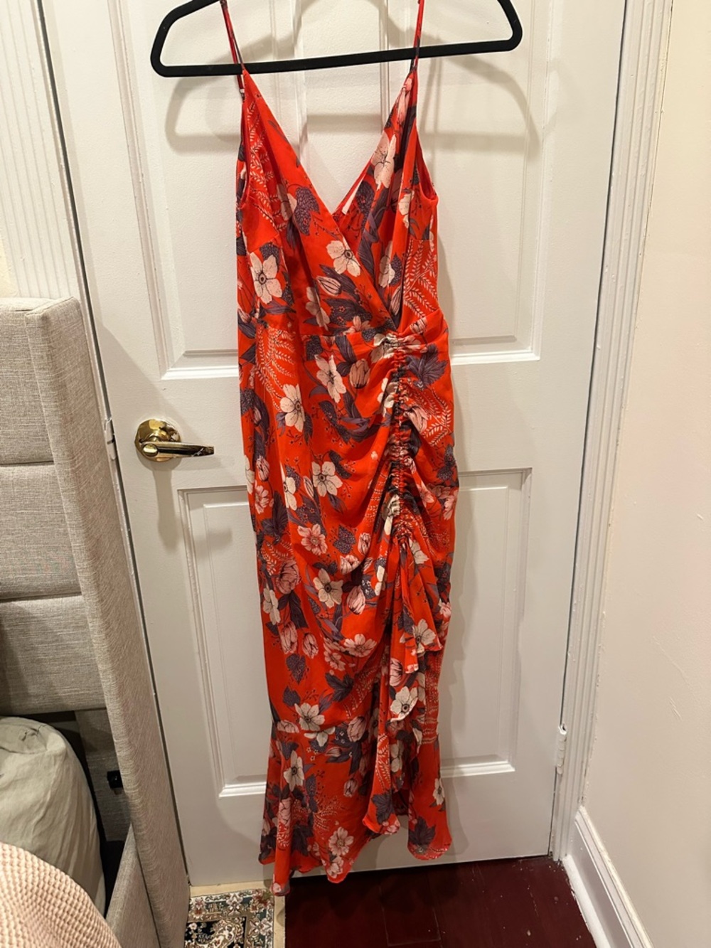 Astr Floral Red Ruched Midi Slip Dress